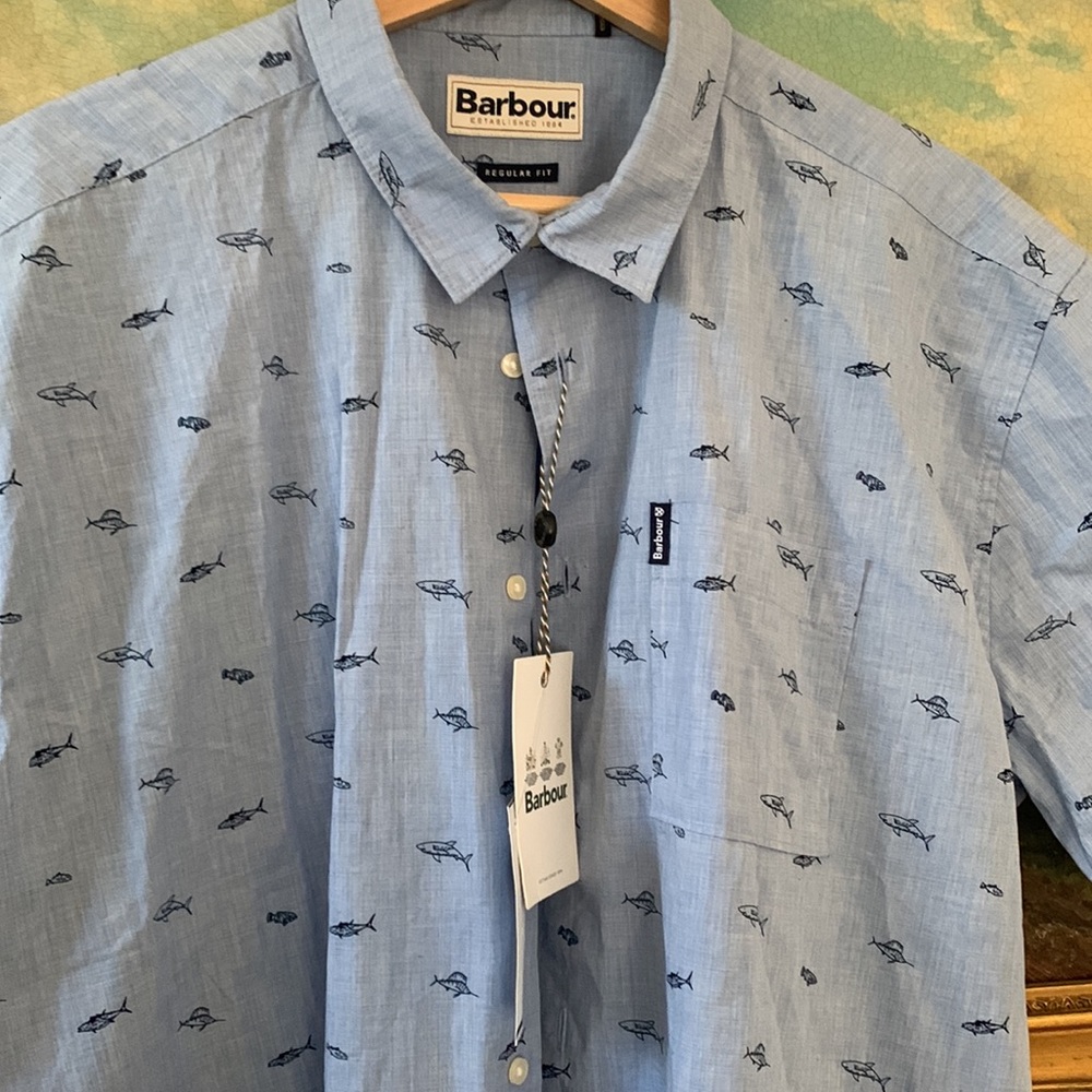 Barbour Blue Summer Chambray Fish & Shark button up NWT - Picture 4 of 10